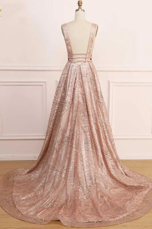 A Line Deep V Neck Long Prom with Sequins Glitter Sleeveless Evening Dress