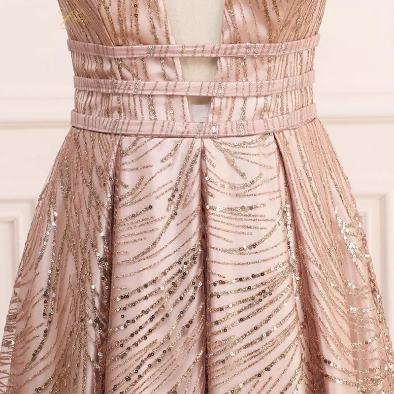 A Line Deep V Neck Long Prom with Sequins Glitter Sleeveless Evening Dress