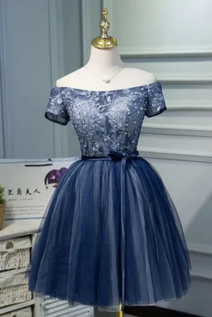 A Line Off the Shoulder Tulle Prom Belt Cute Graduation Dress with Applique