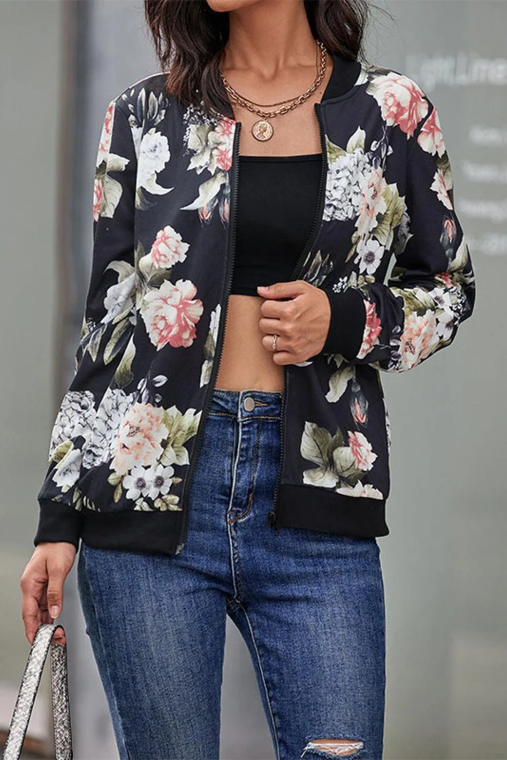 Chic Black Flower Print Bomber Jacket