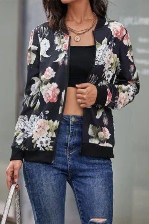 Chic Black Flower Print Bomber Jacket