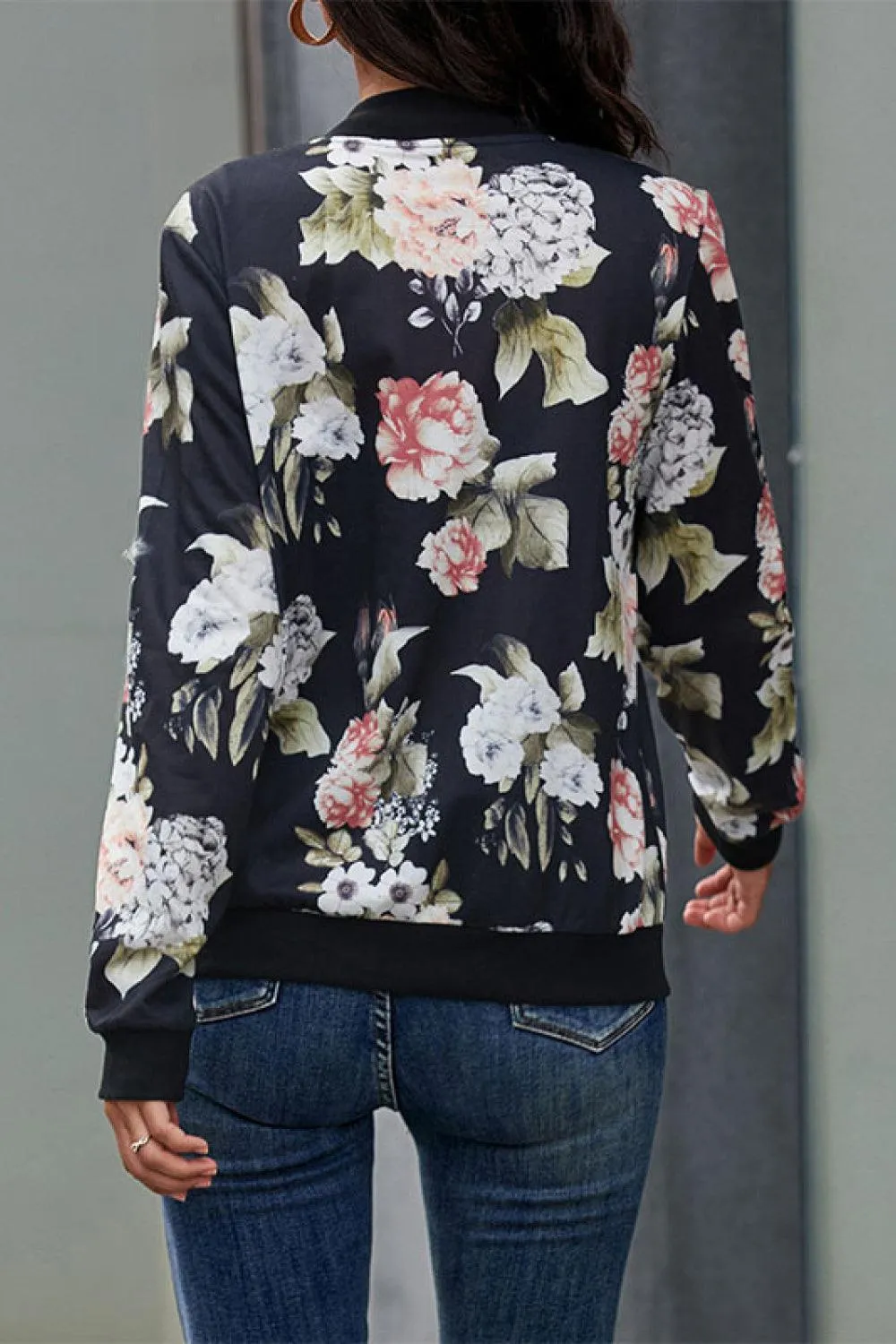 Chic Black Flower Print Bomber Jacket