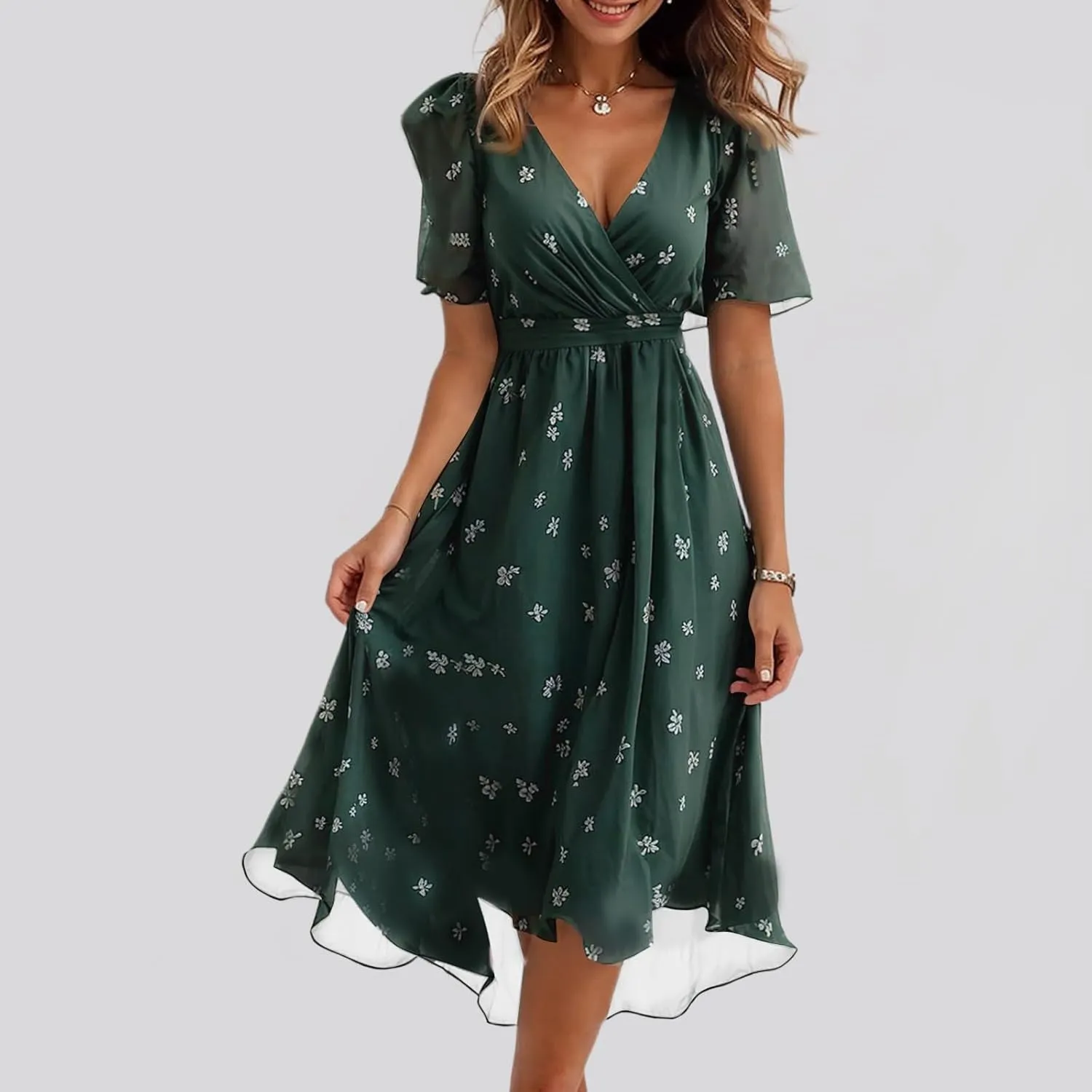 Chiffon Dresses for Women Cocktail 2025 Summer V Neck Wrap Dresses Wedding Guest Womens Midi Flowy Floral Dress
