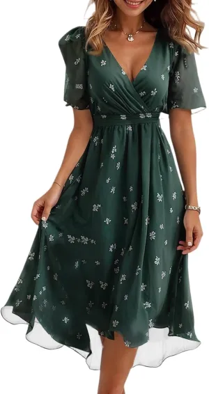 Chiffon Dresses for Women Cocktail 2025 Summer V Neck Wrap Dresses Wedding Guest Womens Midi Flowy Floral Dress