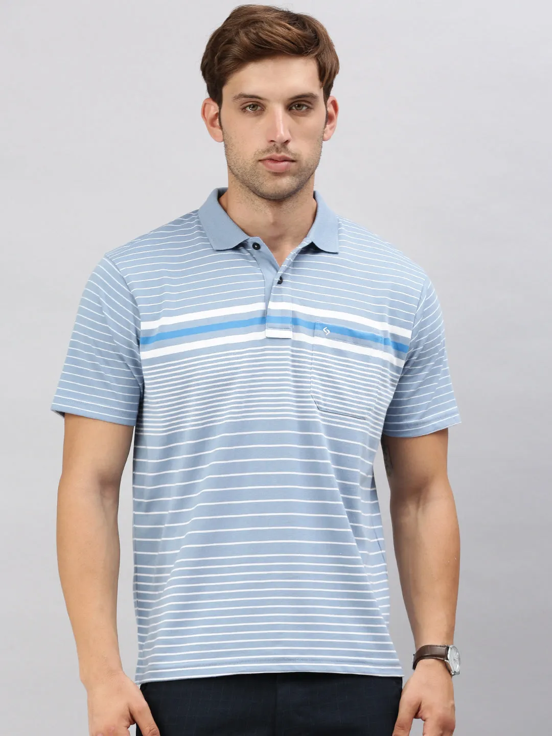 Classic Polo Men's Half Sleeve Blue/White Polo Neck Authentic Fit Striped T-Shirt | AVON - 584 A AF P