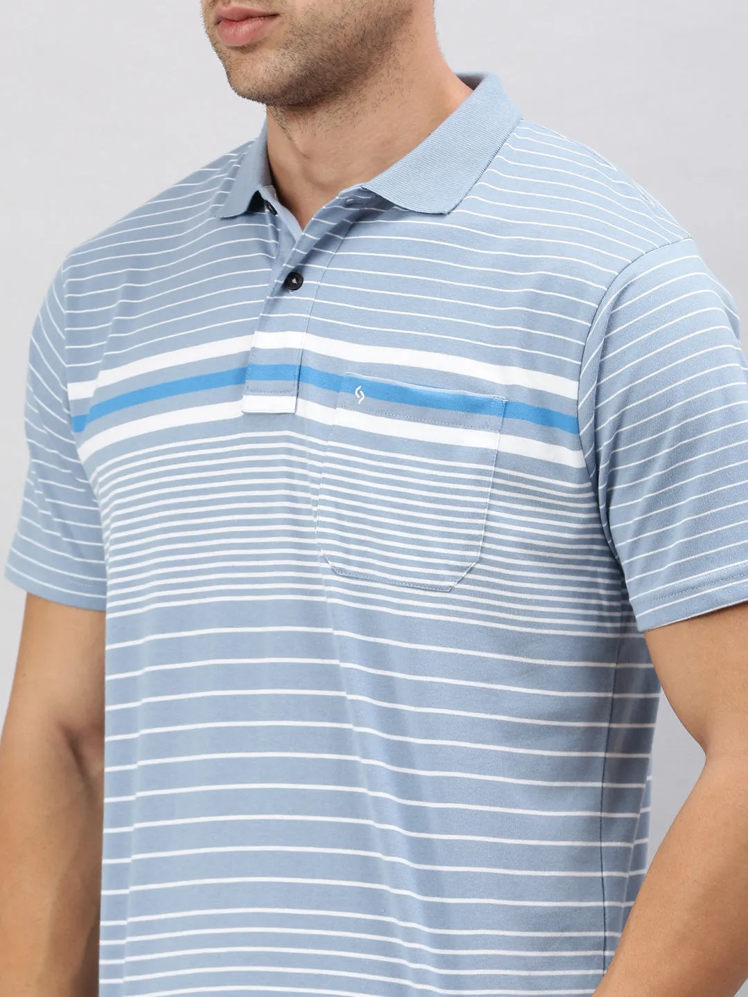Classic Polo Men's Half Sleeve Blue/White Polo Neck Authentic Fit Striped T-Shirt | AVON - 584 A AF P