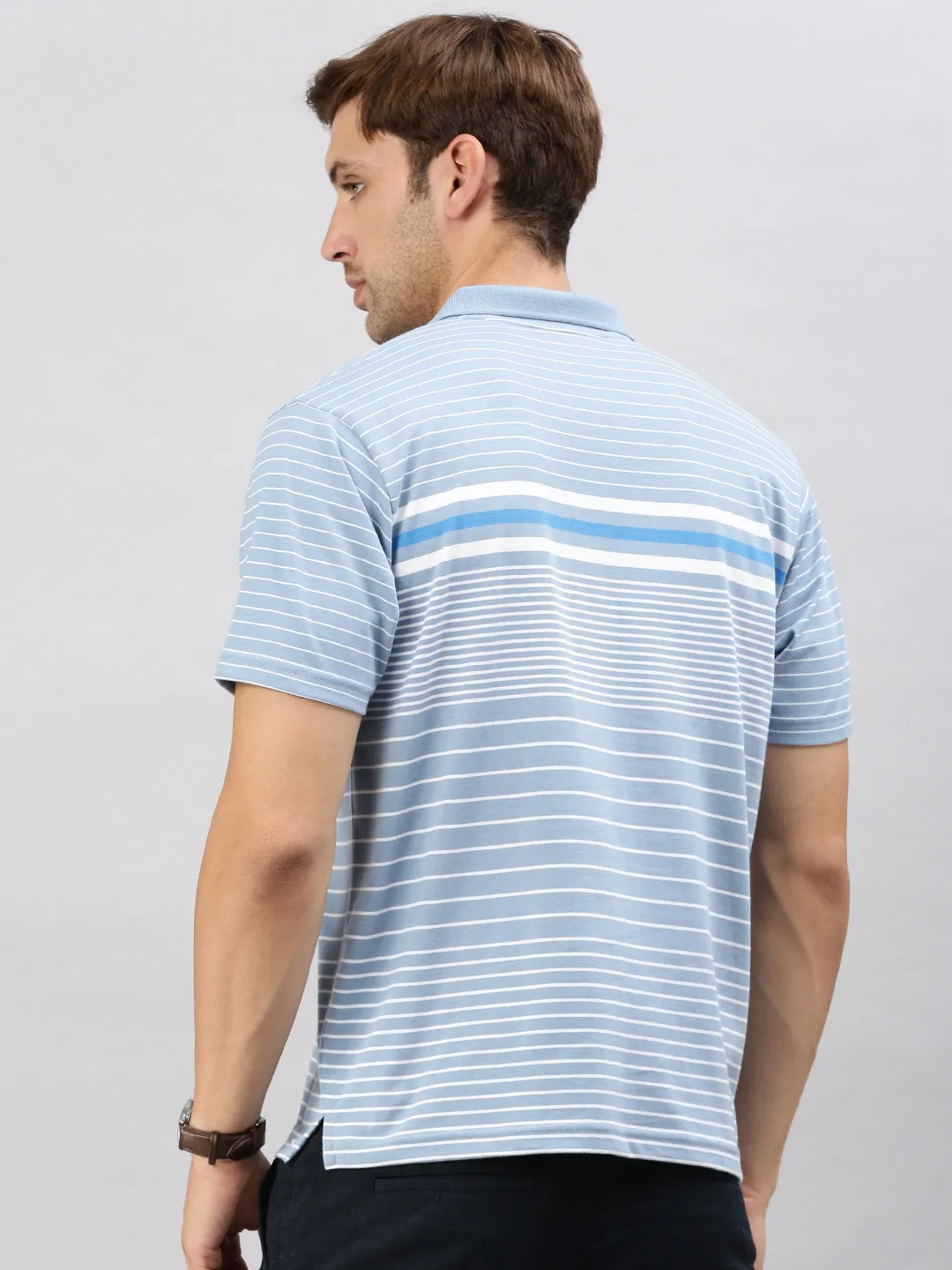 Classic Polo Men's Half Sleeve Blue/White Polo Neck Authentic Fit Striped T-Shirt | AVON - 584 A AF P