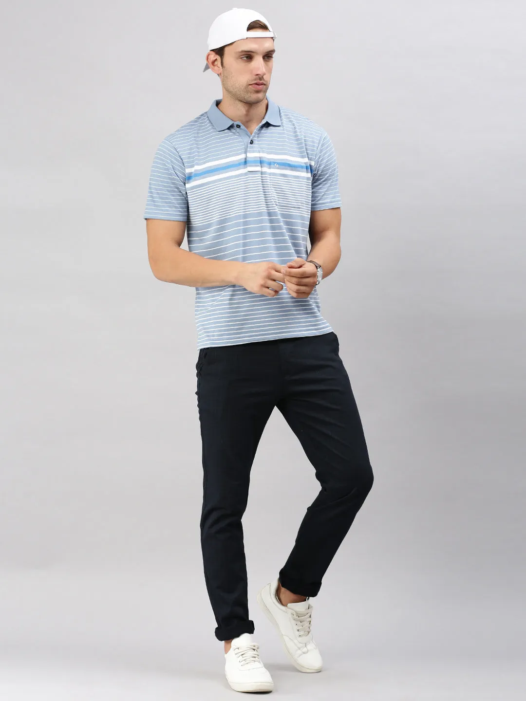 Classic Polo Men's Half Sleeve Blue/White Polo Neck Authentic Fit Striped T-Shirt | AVON - 584 A AF P