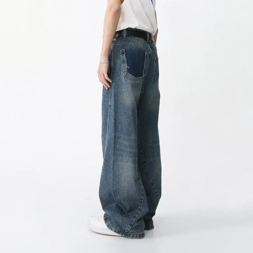 Destroyed Pocket Loose Straight Jeans