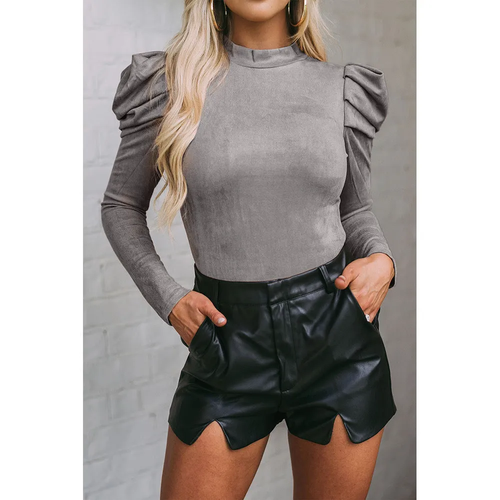 Fashion Suede One-Piece Suit Gigot Sleeve Tight Top