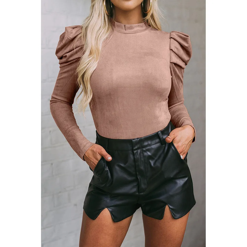 Fashion Suede One-Piece Suit Gigot Sleeve Tight Top