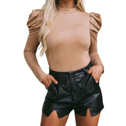 Fashion Suede One-Piece Suit Gigot Sleeve Tight Top