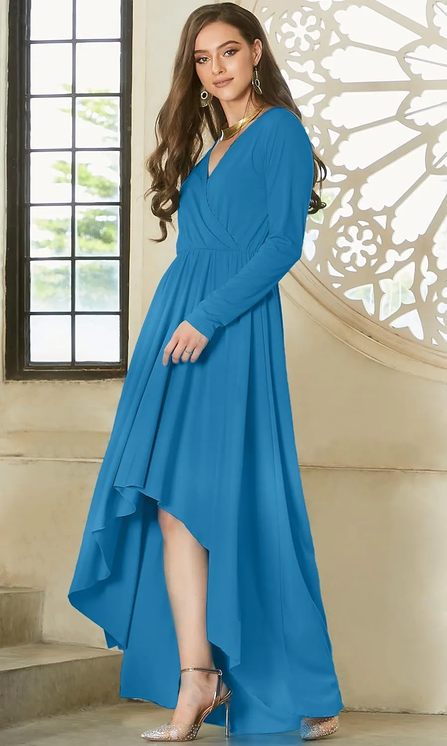 KOH KOH Womens Sleeve Wrap Slit Formal Fall Winter Cocktail Gown