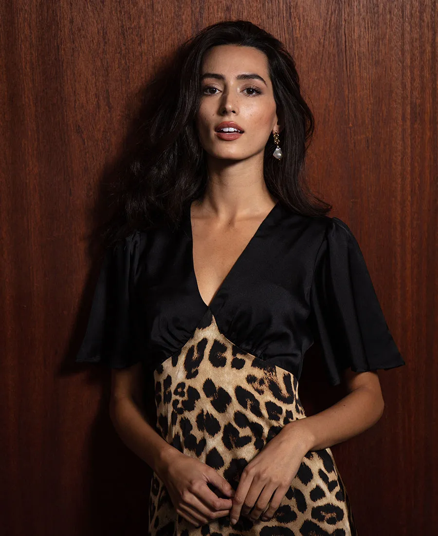 Leopard Printed Satin Midi Dress