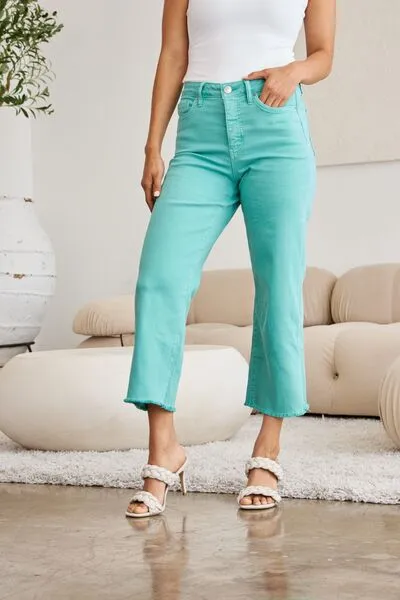 L.NY Crop Chloe Full Size Tummy Control High Waist Raw Hem Jeans