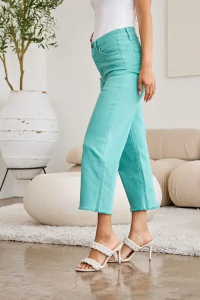 L.NY Crop Chloe Full Size Tummy Control High Waist Raw Hem Jeans
