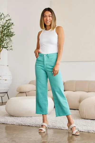 L.NY Crop Chloe Full Size Tummy Control High Waist Raw Hem Jeans