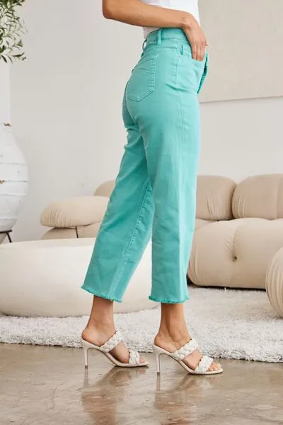 L.NY Crop Chloe Full Size Tummy Control High Waist Raw Hem Jeans
