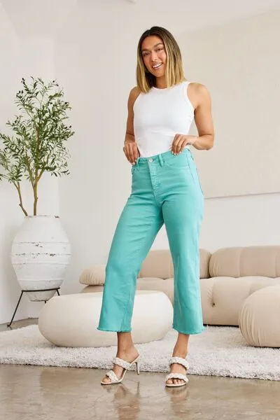 L.NY Crop Chloe Full Size Tummy Control High Waist Raw Hem Jeans