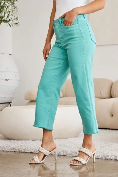 L.NY Crop Chloe Full Size Tummy Control High Waist Raw Hem Jeans