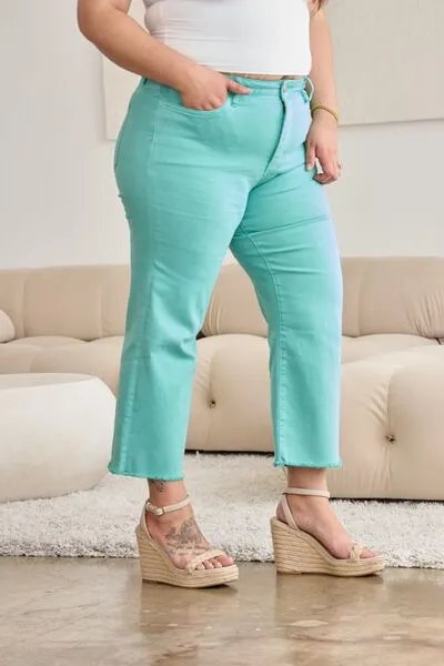 L.NY Crop Chloe Full Size Tummy Control High Waist Raw Hem Jeans