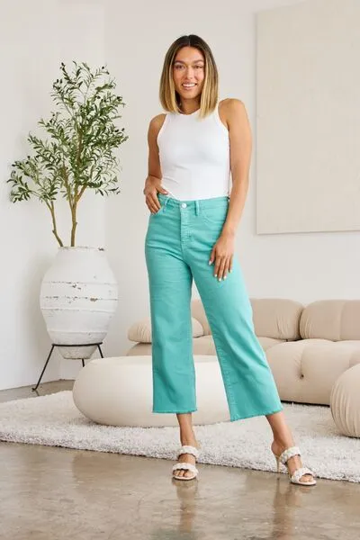 L.NY Crop Chloe Full Size Tummy Control High Waist Raw Hem Jeans