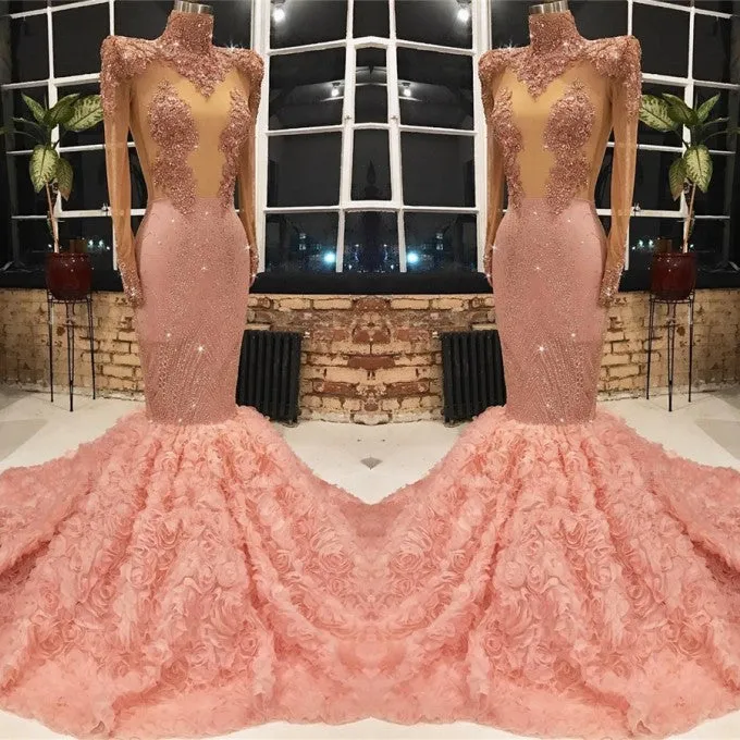 Long Sleeves Pink Prom Dress Mermaid Appliques With Flowers Bottom