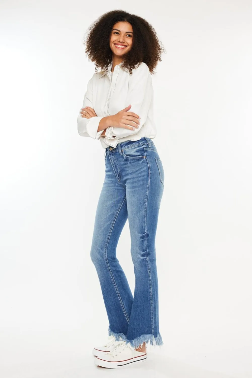 Mandy High Rise Frayed Asymmetric Hem Bootcut Jeans