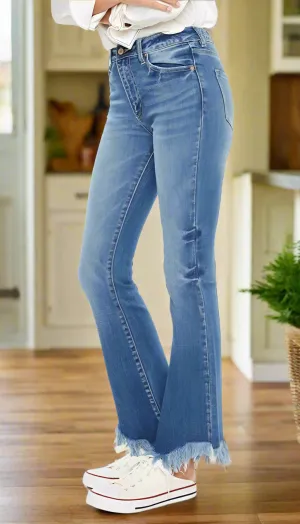 Mandy High Rise Frayed Asymmetric Hem Bootcut Jeans