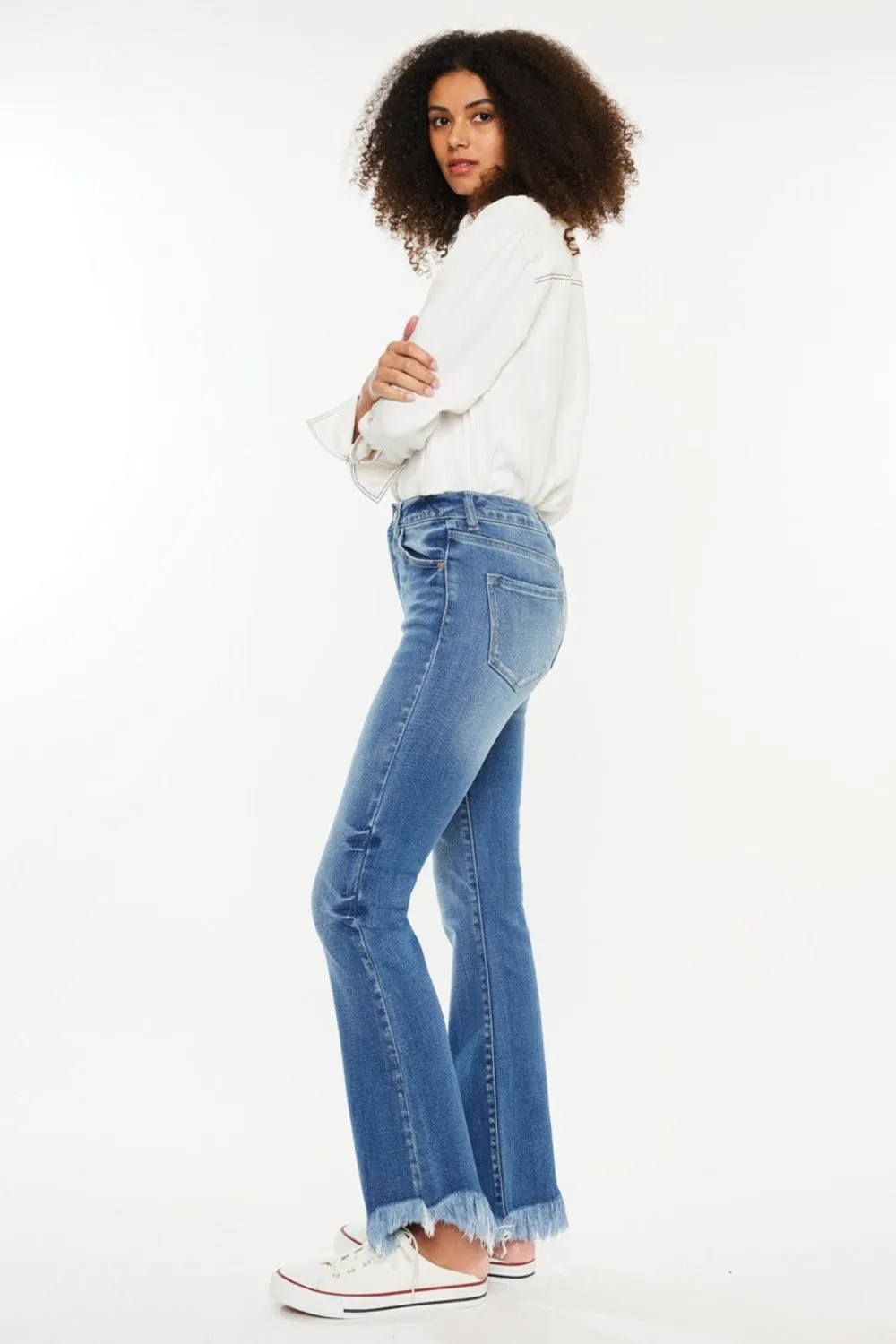 Mandy High Rise Frayed Asymmetric Hem Bootcut Jeans