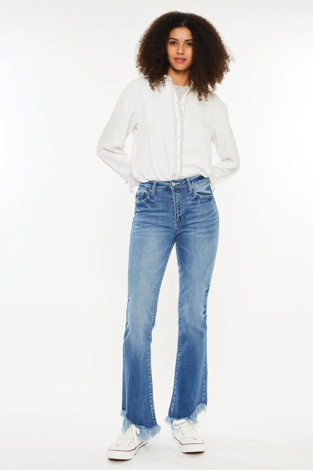 Mandy High Rise Frayed Asymmetric Hem Bootcut Jeans