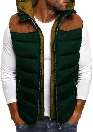 Men's Lightweight Quilted Jacket Vest Fashion Spell Color Vest Zipper Cotton-Padded Coat with Hooded Fall Winter