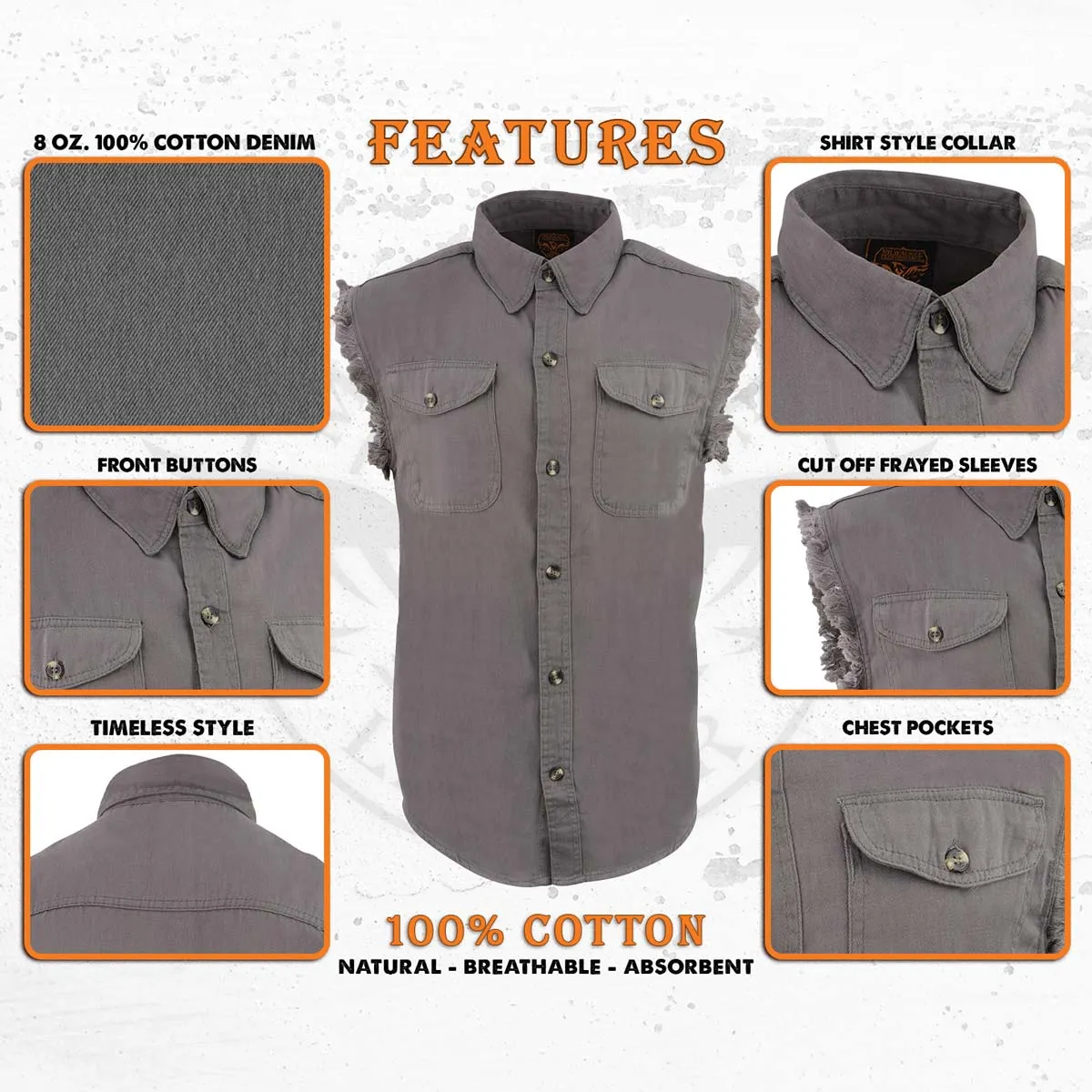 Milwaukee Leather DM4004 Men's Grey Lightweight Denim Shirt with
