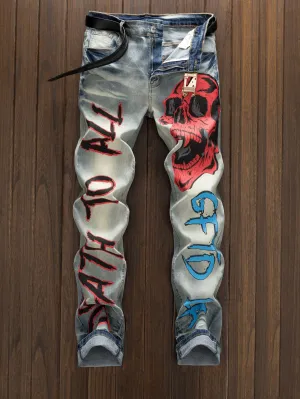 Minimalist, Trendy, Personalized, Skull Print, Versatile, Fashionable, Retro And Nostalgic Jeans