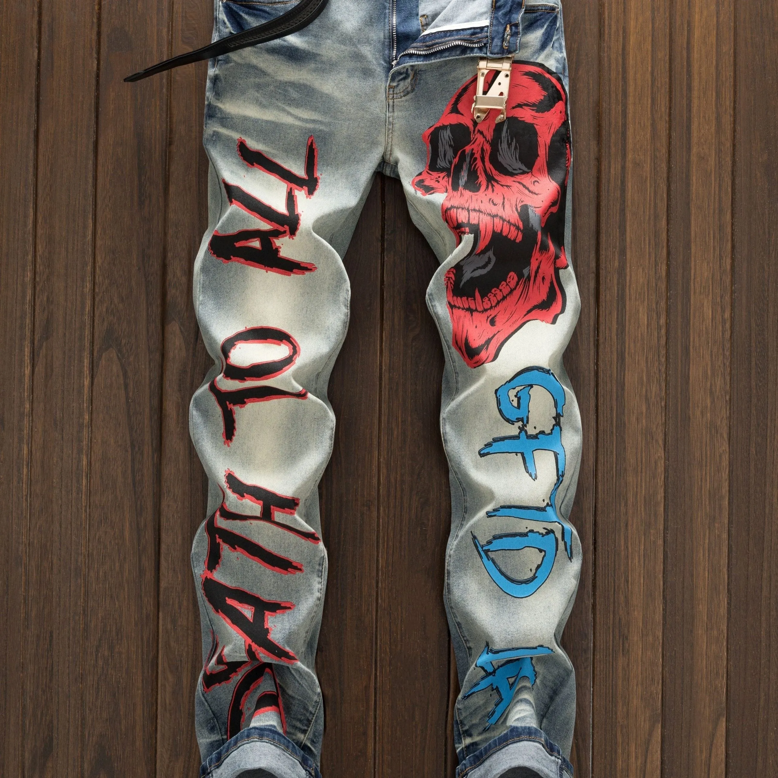 Minimalist, Trendy, Personalized, Skull Print, Versatile, Fashionable, Retro And Nostalgic Jeans