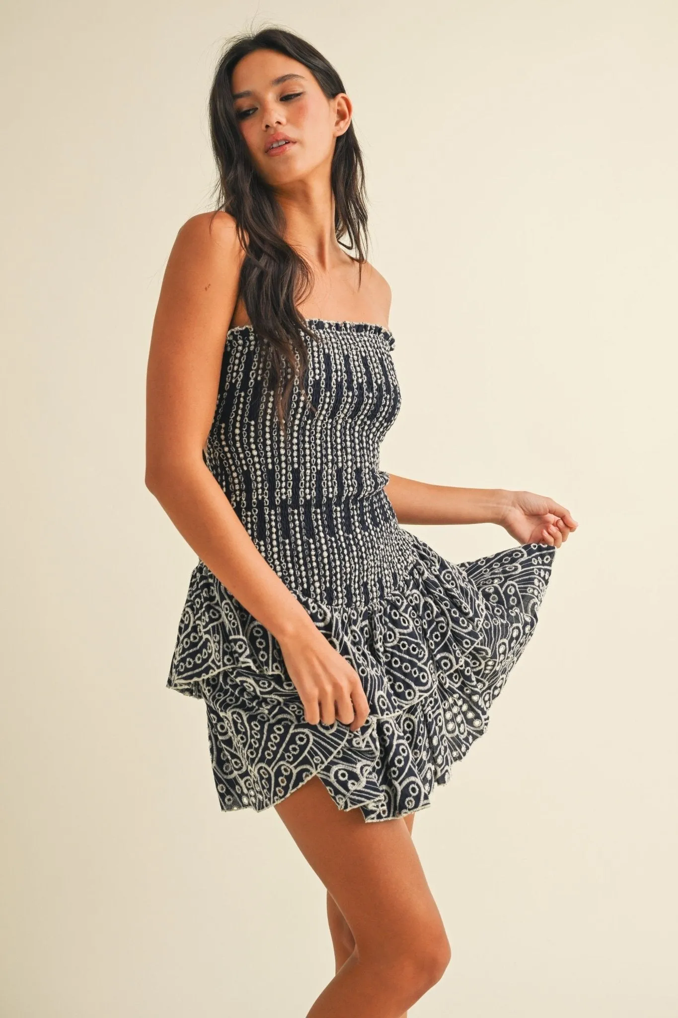 Navy & White Embroidered Mini Dress