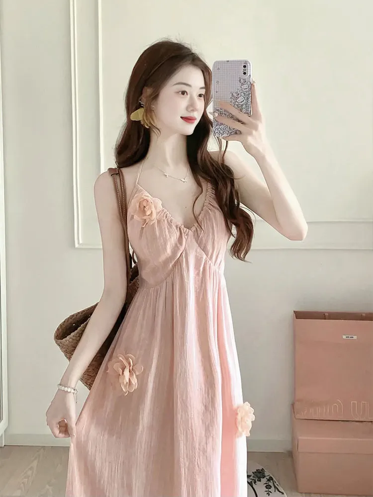 Romantic 3D Floral Halter Dress – Soft Feminine Beach Dress