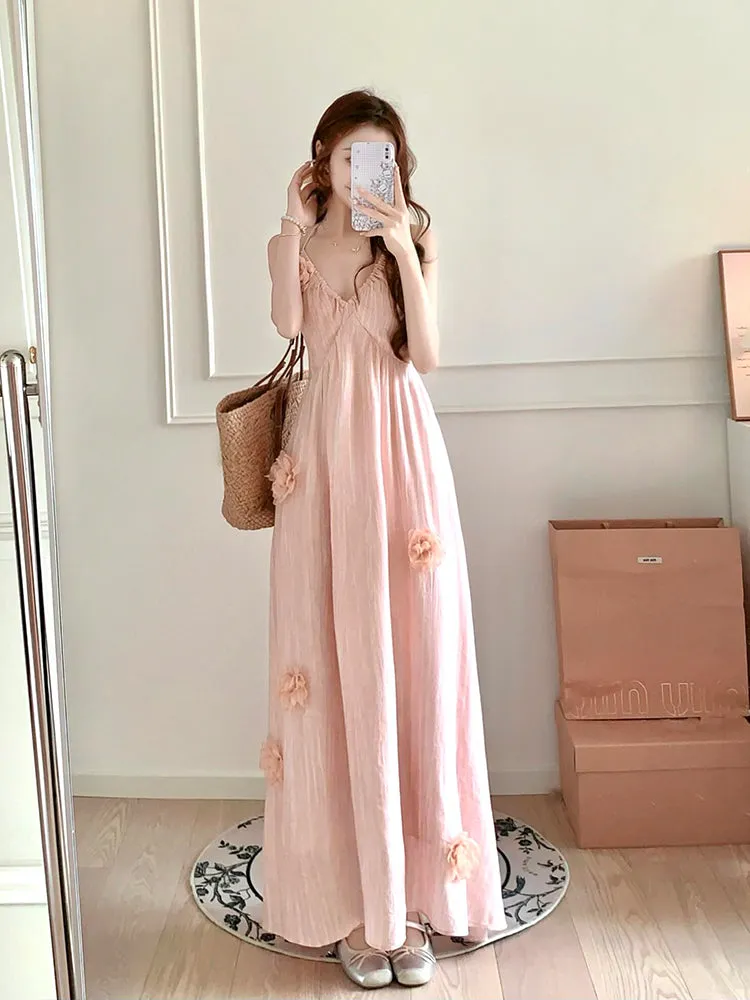 Romantic 3D Floral Halter Dress – Soft Feminine Beach Dress