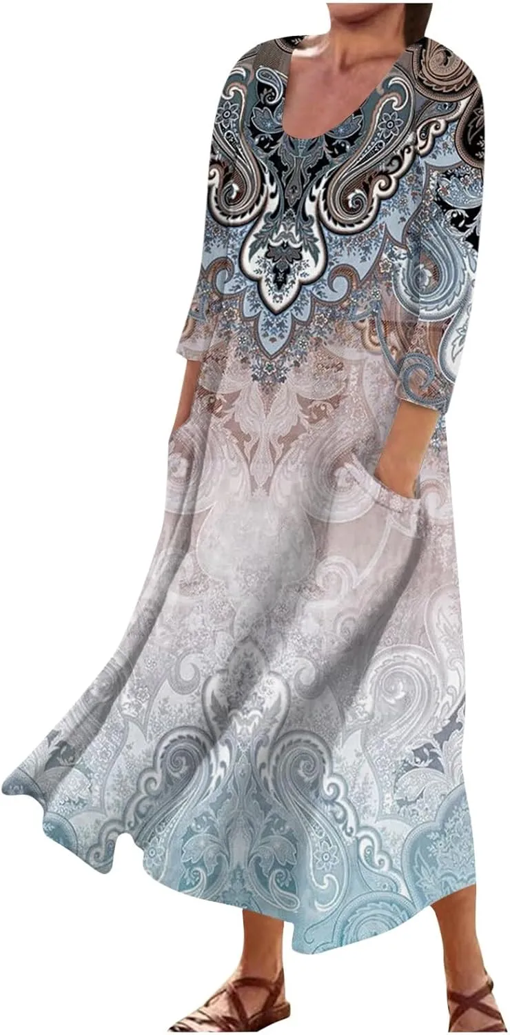 Segaven Womens Dresses 3/4 Sleeve Printed Sundresses with Pocket U Neck Boho Flowy Beach Dress Trendy Maxi Dresses