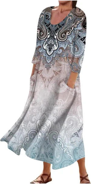 Segaven Womens Dresses 3/4 Sleeve Printed Sundresses with Pocket U Neck Boho Flowy Beach Dress Trendy Maxi Dresses