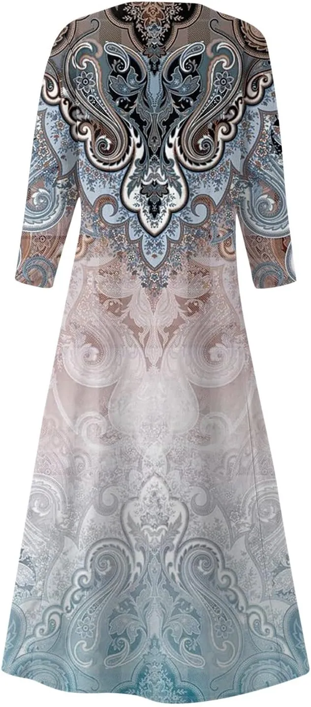Segaven Womens Dresses 3/4 Sleeve Printed Sundresses with Pocket U Neck Boho Flowy Beach Dress Trendy Maxi Dresses