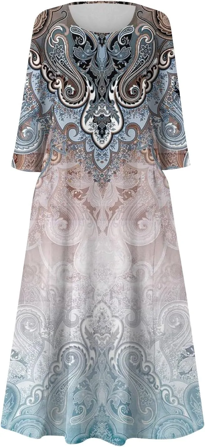 Segaven Womens Dresses 3/4 Sleeve Printed Sundresses with Pocket U Neck Boho Flowy Beach Dress Trendy Maxi Dresses