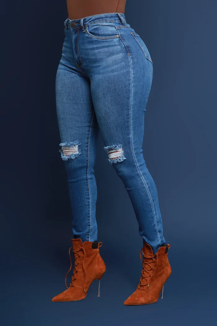 Side Piece High Rise Ripped Skinny Jeans - Medium Wash