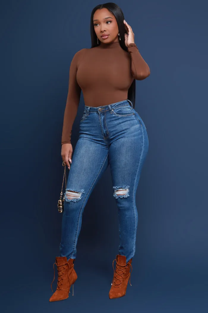 Side Piece High Rise Ripped Skinny Jeans - Medium Wash