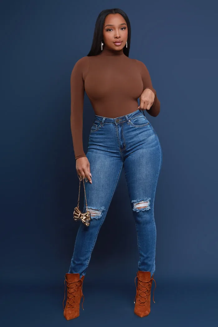 Side Piece High Rise Ripped Skinny Jeans - Medium Wash