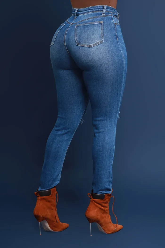 Side Piece High Rise Ripped Skinny Jeans - Medium Wash