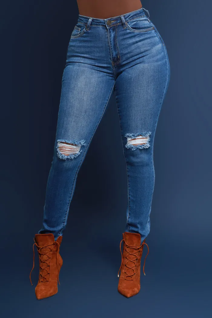 Side Piece High Rise Ripped Skinny Jeans - Medium Wash