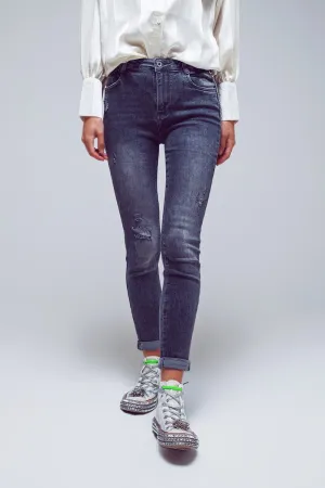 Skinny Fit Distressed Jeans In Grey
