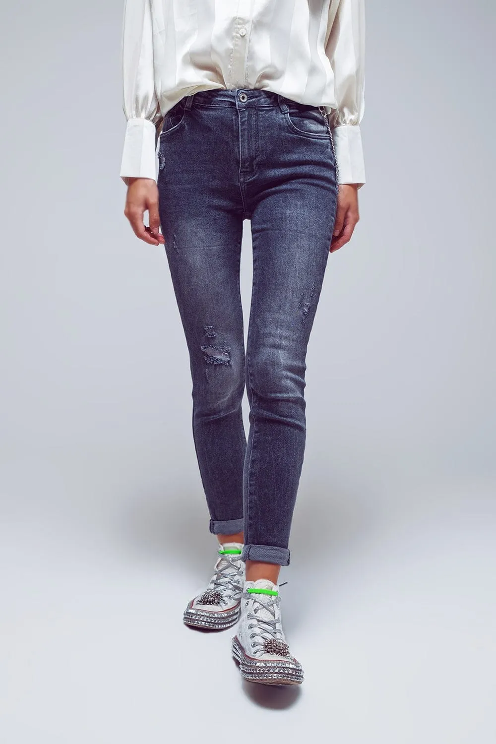 Skinny Fit Distressed Jeans In Grey