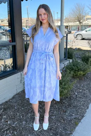 Spring Stripes Embroidery Midi Dress-Light Blue